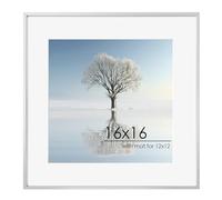 FLYJOE 16x16 Metal Square Picture Frame For Wall With Mat For 12x12, 16''x16'' Aluminum Photo Frames With Tempered Glass For Home Decor, Minimalist Modern Poster Frame Horizontally Vertically, Silver