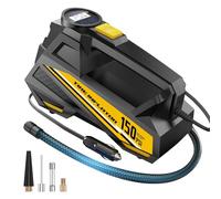 FLYKID Tyre Inflator Air Compressor 12V DC - Car Tyre Pump 150 PSI with 3 Nozzle Adaptors & LED Emergency Light for Cars, Bicycles & Sports Equipment，Preset Tyre Pressure & Auto Shutoff