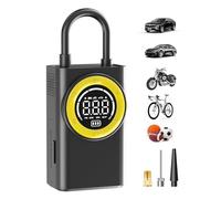 FLYKID Tyre Inflator Air Compressor-Car Tyre Pump 150 PSI with 3 Nozzle Adaptors & LED Emergency Light for Cars, Bicycles & Sports Equipment，Preset Tyre Pressure & Auto Shutoff