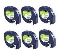 FlyLong 6pack Compatible Label Tape Replacement for DYMO Letratag 91330 Paper Refills 12mm x 4m (1/2 Inch x 13 Feet) Black on White Label Tapes 10697 for DYMO LetraTag Plus LT100H LT100T Label Makers