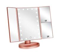 Flymiro Tri-fold Lighted Vanity Makeup Mirror with 3x/2x/1x Magnification, 21 LEDs, Rose Gold Finish, Tabletop Mount, 27.94 x 16.002 cm