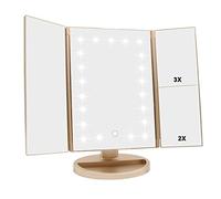 Flymiro Tri-fold Lighted Vanity Makeup Mirror with 3x/2x/1x Magnification, 21Leds Light and Touch Screen,180 Degree Free Rotation Countertop Cosmetic Mirror,Travel Makeup Mirror (Gold)