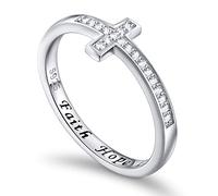 Flyow 925 Sterling Silver jewellery Sideways Cross White Ring Engraved Faith Hope Love