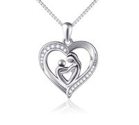 Flyow 925 Sterling Silver Mother and Child Love Heart Pendant Necklace for Women with Delicate Cubic Zirconia, Silver Chain 18 Inches New Mum Gifts (Mother's Love)