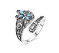 Flyow Adjustable Lab Turquoise Dragonfly Ring for Men Women 925 Sterling Silver Oxidation Antique Floral Jewelry Sunflower Spoon Rings Inspirational Band Ring