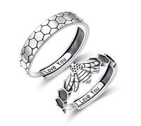 Flyow Bee Honeycomb Couple Rings Set, 925 Sterling Silver Cute Animals Bee Honeycomb Matching Ring for Couples Engraved I Love You, Adjustable Engagement Wedding Promise Ring for Him and Her
