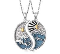 Flyow Couples BFF Matching Necklaces 925 Sterling Silver Mountain Ocean Friendship Couples Pendant Necklace Turquoise Jewelry Anniversary Valentine's Day Gifts for Women Men