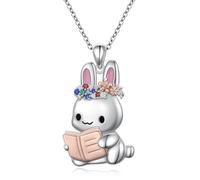 Flyow Easter Gifts Bunny Rabbit Necklace for Women 925 Sterling Silver Bunny Reading Book Two Tone Pendant Animal Jewelry Birthday