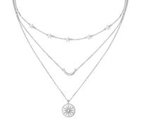 Flyow S925 Sterling Silver Layered Necklaces for Women, Multi 3 Layer Sun Moon Stars Boho Triple Choker Pendant Necklace Jewerly Gift for Women