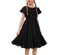 Flypigs Girls Girly Dress Swiss Dot Ruffle Short Sleeve Twirly Cute Dresses for Kids 10-11 Years Old Black