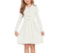 Flypigs Girls' Long-Sleeved Sweater Dress With Peter Pan Collar - A-Line Winter Knitted Children's Buttons Casual Dress - White 7-8 Years