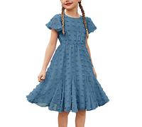 Flypigs Summer Girls A-Line Elegant Casual Loose Chiffon Beach Princess Dress - Short Sleeve Navy Blue 7-8 Years
