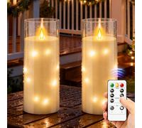 FlyQintess 2 Pack 28 x 10cm Large Outdoor Waterproof Flameless LED Candles with Remote and Timer, Acrylic Pillar Candles Battery Operated with Embedded Star String, for Indoor, Outdoor, Festival Decor