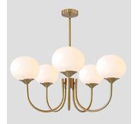 Flyrose 5-Light Modern Globe Sputnik Chandelier Mid Century Large Glass Gold Sputnik Pendant Lights Kitchen Island Vintage Milk Glass Dining Room Chandelier Brushed Brass Hanging Light Fixture