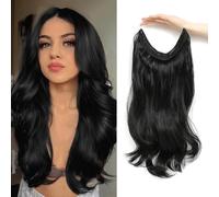 Flyroseing Dark Black Hair Extensions, Body Wavy Halos Hair Extension, 18 Inch Synthetic Fiber Hair Extensions Clip In 2 Secure Clips Secret Hairpiece with Transparent Wire Adjustable Size