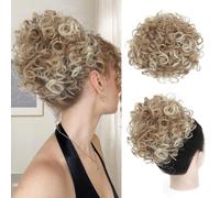 Flyroseing Elastic Drawstring Messy Bun Hair Piece, Short Curly Hair Bun Extensions, Blonde with Highlights Synthetic Fake Curly Hairpiece Clip for Women