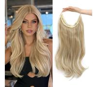 Flyroseing Halos Hair Extension with Transparent Wire, 18 Inch Body Wavy Invisible Wire Blonde Hair Extensions, Blonde Mixed Highlights Hairpiece Synthetic Fiber