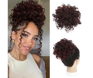 Flyroseing Off Black to Burgundy Messy Bun Hair Piece,Short Curly Elastic Drawstring Curly Bun Hair Piece Clip for Women Synthetic Fake Hairpiece