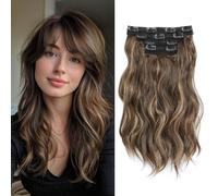 Flyroseing Wavy Curly Hair Extensions, Brown with Highlights 4PCS Hair Extensions Clip in, 14 Inch Short Synthetic Clip in Hair Extension, Invisible Lace Weft Natural Soft Hairpieces for Women