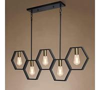 flysclean 5-Light Dining Room Light Fixtures Over Table, Industrial Kitchen Island Lighting, Adjustable Height Hanging Rectangular Chandelier, Modern Pool Table Lights, Black/Gold Finish