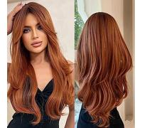 flysclean Auburn Wigs with Bangs Layered Wig for Women Copper Brown Wigs 24 Inch Long Straight Hair Wig Natural Looking Heat Resistant Synthetic Fibre Hair Wig for Cosplay Party Daily Use