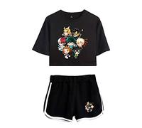 Flyself Anime Summer Crop Tops with Shorts Pants Sport Set Pyjama Sets Bakugou Deku Todoroki Graphic Cosplay Tracksuit 2 Pieces Set for Women Girls