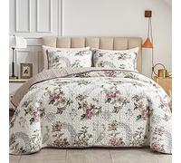 Flysheep 2 Pieces Quilt Set Twin Size, Beige Floral Reversible Bedspread Coverlet Set, Soft Microfiber Lightweight Bed Cover for Kids (68" x 86", 1 Quilt+ 1 Pillow Sham)