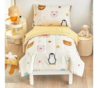 FlySheep 4 Piece Colorful Toddler Bedding Set with Happy Animals Printed for Baby Boys and Girls - Includes Quilted Comforter, Flat Sheet, Fitted Sheet & Pillow Case, Hypoallergenic & Soft