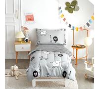 FlySheep 4 Piece Gray Grey Toddler Bedding Set with Multi Animals Printed for Baby Boys - Includes Quilted Comforter, Flat Sheet, Fitted Sheet & Pillow Case, Hypoallergenic & Soft