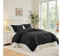 Flysheep Black Plaid Seersucker Comforter Set with White Ruffled Fringe Twin Size, 3 Pieces Soft Fluffy Farmhouse Bedding Set for All Season, Elegant Bed Set with Ruffle Shams (Black, Twin)
