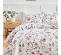 Flysheep Botanical Quilt Set Full Queen Size 3 Pieces, Blush Pink and Grey Flowers Printed Elegant Floral Summer Bedding Set, Soft Microfiber Lightweight Bedspread/Coverlet for All Season - 92"x90"
