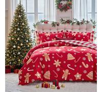 Flysheep Red Christmas Comforter Set King Size, Festive Xmas Print Including Gingerbread Man, Christmas Trees, Snowflake & Candy Cane, Soft Holiday Bedding with 2 Pillow Shams