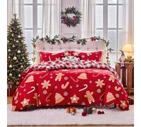Flysheep Red Christmas Duvet Cover Set Twin Size, Festive Xmas Print Including Gingerbread Man, Christmas Trees, Snowflake & Candy Cane, Soft Holiday Bedding with 2 Pillow Shams