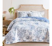 Flysheep Reversible Quilt Set Twin Size, 2 Pieces White Blue Botanical Floral Printed Summer Bedding Quilt Cover Set, Soft Microfiber Lightweight Bedspread/Coverlet for All Season - 68''x86''