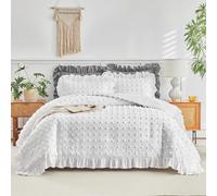 Flysheep Tufted Dots Ruffle Comforter Set Twin Size, 3 Pieces White Vintage Farmhouse Shabby Chic Comforters, Jacquard Boho Bohemian Bedding Set for Kids (1 Ruffled Comforter+ 2 Pillow Shams)