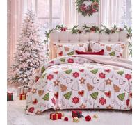 Flysheep White Christmas Comforter Set Twin Size, Festive Xmas Print Including Gingerbread Cookie, Christmas Trees Snowflake Heart Cookies & Candy Cane, Soft Holiday Bedding with 2 Pillow Shams