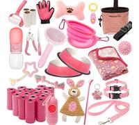 FLYSTAR Puppy Supplies Starter Kit - 42 pcs Puppy Essentials Includes Dog Squeaky Toys, Collar, Leash, Treat Bag, Poop Waste Bag, Blanket, Bowls, Water Bottles, Brush, Training Clicker and More.