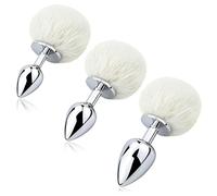 FLYTAGLE Rabbit Tail Butt Plug Set 3 Sizes Erotic Plug for Couples Metal Dildo Butt Plug Women and Men Sex Toy with Bunny Tail Masturbating Sex Games Plug White