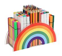 Flytreal Acrylic Pen Pencil Holder Clear Desk Organizer, Rainbow Home Office Desk Pen Storage Stand, Corner Desktop Stationery Organizer for Women Kids Students School Art Supplies