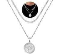 FLYUN Layered Seven Archangels Pendant Necklace For Men Protection Amulet Archangel Michael Necklace Gabriel Uriel Spiritual Stainless Steel - 18K Gold Silver Black Cuban Chain Necklace, Stainless