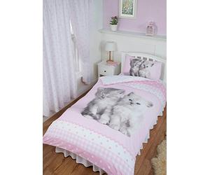 flyup Single Bed Misty & Mac, Rachael Hale Duvet/Quilt Cover Bedding Set Fully Reversible, Cute Kitten Cats Polka Dot Gingham Ribbon Print Border, Pink White