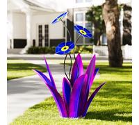 FLYVOLE Upgraded Large Metal Yard Art, Agave Plant Yard Decorations Outdoor Sculpture, Flowers for Outside, Waterproof Outdoor Garden Decor (Purple + Blue Flower)
