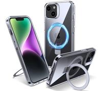 Flyzoo Magnetic Kickstand Case for iPhone 14 Plus, [Compatible with MagSafe & Invisible Ring Stand Holder] [Non-Yellowing & Shockproof] Clear Transparent Hard Silicone Edge Cover, 6.7'', Clear