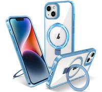 Flyzoo Magnetic Kickstand Case for iPhone 14 Plus, [Compatible with MagSafe & Invisible Ring Stand Holder] [Non-Yellowing & Shockproof] Clear Transparent Hard Silicone Edge Cover, 6.7'', Clear Blue