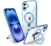 Flyzoo Magnetic Kickstand Case for iPhone 16 Plus, [Compatible with MagSafe & Invisible Ring Stand Holder] [Non-Yellowing & Shockproof] Clear Transparent Hard Silicone Edge Cover, 6.7'', Clear Blue