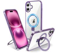 Flyzoo Magnetic Kickstand Case for iPhone 16 Plus, [Compatible with MagSafe & Invisible Ring Stand Holder] [Non-Yellowing & Shockproof] Clear Transparent Hard Silicone Edge Cover, 6.7'', Clear Purple