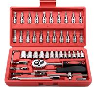 FLZOSPER 46-Piece 1/4-inch Screwdriver Drive Socket & Bit Set Combination with Reversible Ratchet Wrench Tools Kit for Auto Repairing & Household with Storage Case (Red)