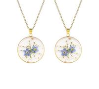 FM FM42 2PCS Natural Real Dried Forget-me-not Flowers Gold-tone Simulated Resin Pendant Necklaces, Zinc, No Gemstone