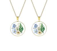 FM FM42 2PCS Natural Real Dried Forget-me-not Flowers Gold-tone Simulated Resin Pendant Necklaces, Zinc, No Gemstone