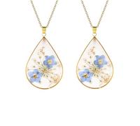FM FM42 2PCS Natural Real Dried Forget-me-not Flowers Gold-tone Simulated Resin Pendant Necklaces, Zinc, No Gemstone